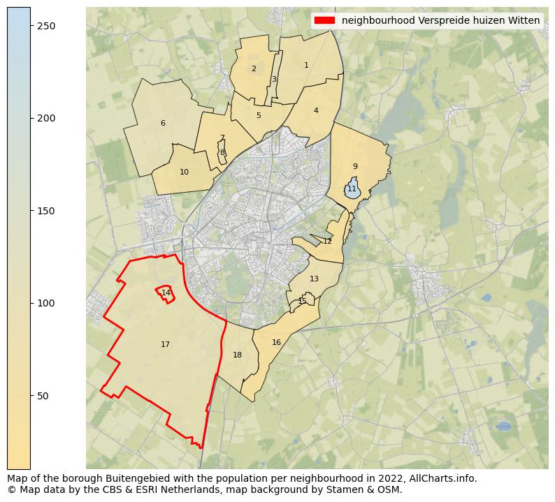Map of the borough Buitengebied with the population per neighbourhood in 2022. This page shows a lot of information about residents (such as the distribution by age groups, family composition, gender, native or Dutch with an immigration background, ...), homes (numbers, types, price development, use, type of property, ...) and more (car ownership, energy consumption, ...) based on open data from the Dutch Central Bureau of Statistics and various other sources!