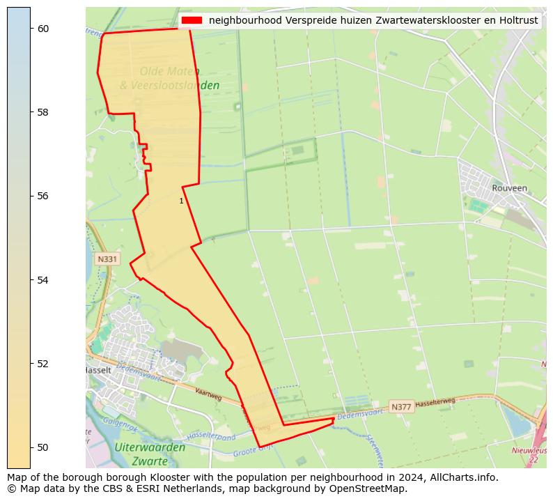 Image of the neighbourhood Verspreide huizen Zwartewatersklooster en Holtrust at the map. This image is used as introduction to this page. This page shows a lot of information about the population in the neighbourhood Verspreide huizen Zwartewatersklooster en Holtrust (such as the distribution by age groups of the residents, the composition of households, whether inhabitants are natives or Dutch with an immigration background, data about the houses (numbers, types, price development, use, type of property, ...) and more (car ownership, energy consumption, ...) based on open data from the Dutch Central Bureau of Statistics and various other sources!