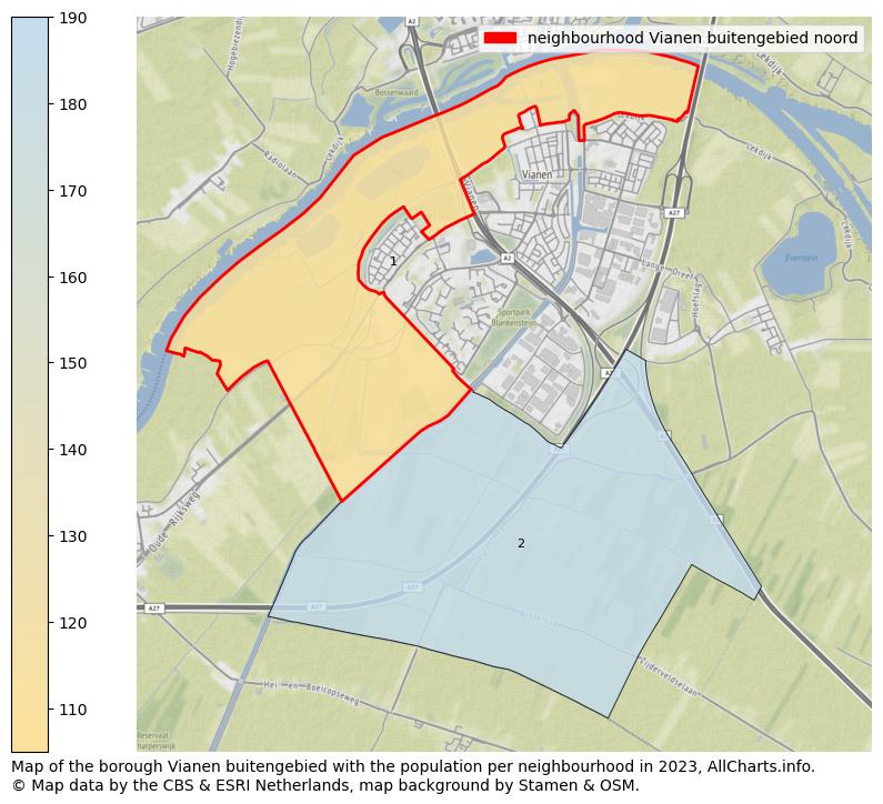 Map of the borough Vianen buitengebied with the population per neighbourhood in 2023. This page shows a lot of information about residents (such as the distribution by age groups, family composition, gender, native or Dutch with an immigration background, ...), homes (numbers, types, price development, use, type of property, ...) and more (car ownership, energy consumption, ...) based on open data from the Dutch Central Bureau of Statistics and various other sources!