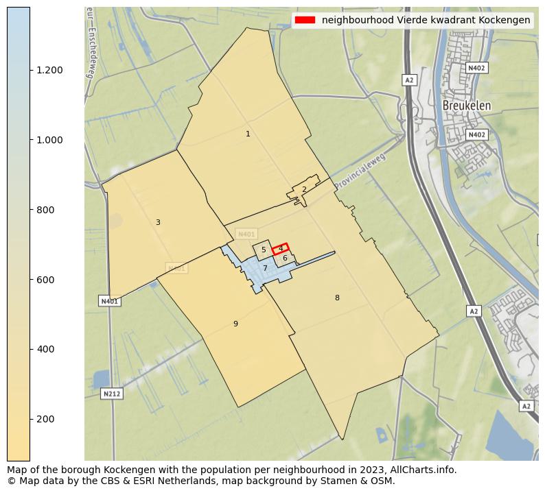 Map of the borough Kockengen with the population per neighbourhood in 2023. This page shows a lot of information about residents (such as the distribution by age groups, family composition, gender, native or Dutch with an immigration background, ...), homes (numbers, types, price development, use, type of property, ...) and more (car ownership, energy consumption, ...) based on open data from the Dutch Central Bureau of Statistics and various other sources!