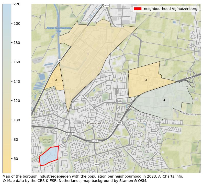 Map of the borough Industriegebieden with the population per neighbourhood in 2023. This page shows a lot of information about residents (such as the distribution by age groups, family composition, gender, native or Dutch with an immigration background, ...), homes (numbers, types, price development, use, type of property, ...) and more (car ownership, energy consumption, ...) based on open data from the Dutch Central Bureau of Statistics and various other sources!