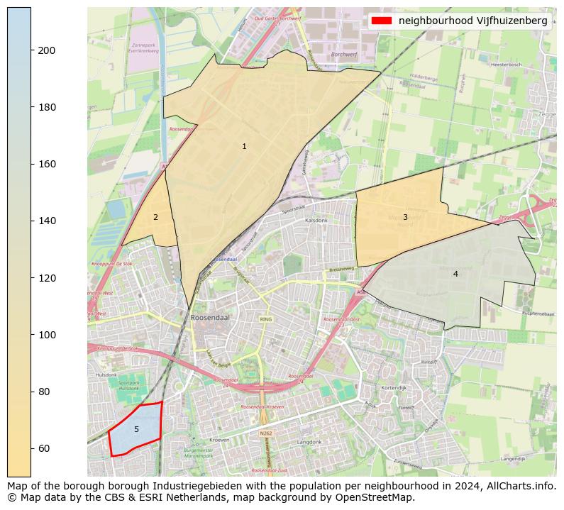 Image of the neighbourhood Vijfhuizenberg at the map. This image is used as introduction to this page. This page shows a lot of information about the population in the neighbourhood Vijfhuizenberg (such as the distribution by age groups of the residents, the composition of households, whether inhabitants are natives or Dutch with an immigration background, data about the houses (numbers, types, price development, use, type of property, ...) and more (car ownership, energy consumption, ...) based on open data from the Dutch Central Bureau of Statistics and various other sources!