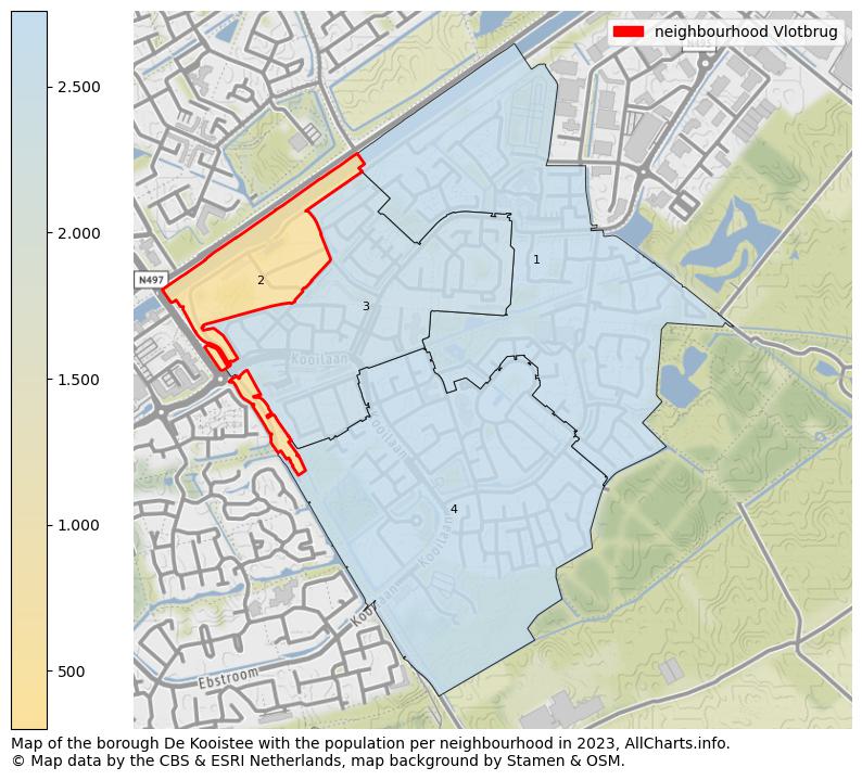 Map of the borough De Kooistee with the population per neighbourhood in 2023. This page shows a lot of information about residents (such as the distribution by age groups, family composition, gender, native or Dutch with an immigration background, ...), homes (numbers, types, price development, use, type of property, ...) and more (car ownership, energy consumption, ...) based on open data from the Dutch Central Bureau of Statistics and various other sources!