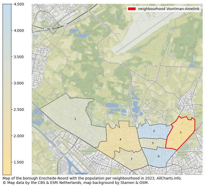 Map of the borough Enschede-Noord with the population per neighbourhood in 2023. This page shows a lot of information about residents (such as the distribution by age groups, family composition, gender, native or Dutch with an immigration background, ...), homes (numbers, types, price development, use, type of property, ...) and more (car ownership, energy consumption, ...) based on open data from the Dutch Central Bureau of Statistics and various other sources!