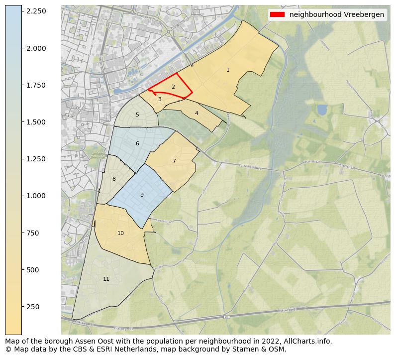 Map of the borough Assen Oost with the population per neighbourhood in 2022. This page shows a lot of information about residents (such as the distribution by age groups, family composition, gender, native or Dutch with an immigration background, ...), homes (numbers, types, price development, use, type of property, ...) and more (car ownership, energy consumption, ...) based on open data from the Dutch Central Bureau of Statistics and various other sources!