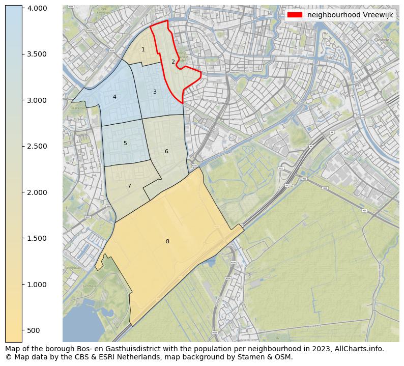 Map of the borough Bos- en Gasthuisdistrict with the population per neighbourhood in 2023. This page shows a lot of information about residents (such as the distribution by age groups, family composition, gender, native or Dutch with an immigration background, ...), homes (numbers, types, price development, use, type of property, ...) and more (car ownership, energy consumption, ...) based on open data from the Dutch Central Bureau of Statistics and various other sources!