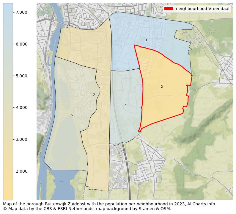 Map of the borough Buitenwijk Zuidoost with the population per neighbourhood in 2023. This page shows a lot of information about residents (such as the distribution by age groups, family composition, gender, native or Dutch with an immigration background, ...), homes (numbers, types, price development, use, type of property, ...) and more (car ownership, energy consumption, ...) based on open data from the Dutch Central Bureau of Statistics and various other sources!