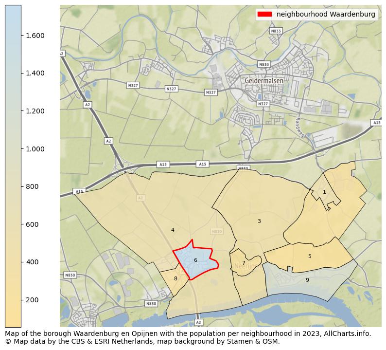 Map of the borough Waardenburg en Opijnen with the population per neighbourhood in 2023. This page shows a lot of information about residents (such as the distribution by age groups, family composition, gender, native or Dutch with an immigration background, ...), homes (numbers, types, price development, use, type of property, ...) and more (car ownership, energy consumption, ...) based on open data from the Dutch Central Bureau of Statistics and various other sources!