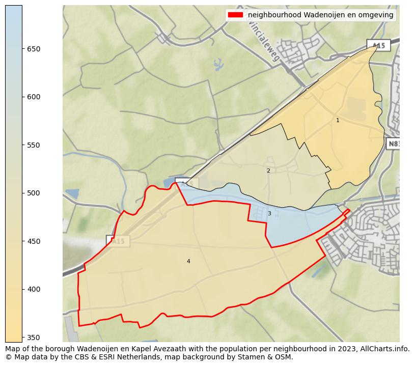 Map of the borough Wadenoijen en Kapel Avezaath with the population per neighbourhood in 2023. This page shows a lot of information about residents (such as the distribution by age groups, family composition, gender, native or Dutch with an immigration background, ...), homes (numbers, types, price development, use, type of property, ...) and more (car ownership, energy consumption, ...) based on open data from the Dutch Central Bureau of Statistics and various other sources!