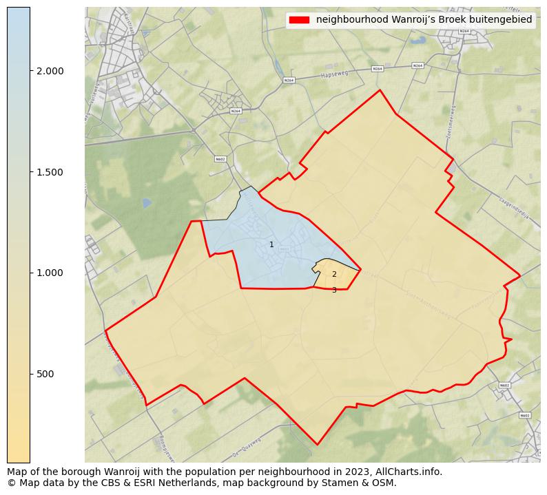 Map of the borough Wanroij with the population per neighbourhood in 2022. This page shows a lot of information about residents (such as the distribution by age groups, family composition, gender, native or Dutch with an immigration background, ...), homes (numbers, types, price development, use, type of property, ...) and more (car ownership, energy consumption, ...) based on open data from the Dutch Central Bureau of Statistics and various other sources!