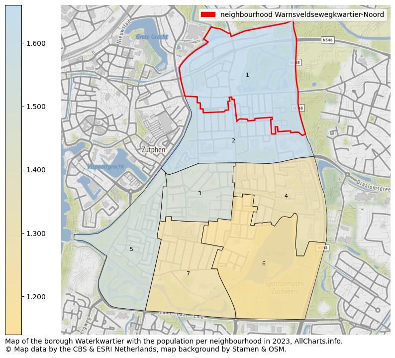 Map of the borough Waterkwartier with the population per neighbourhood in 2023. This page shows a lot of information about residents (such as the distribution by age groups, family composition, gender, native or Dutch with an immigration background, ...), homes (numbers, types, price development, use, type of property, ...) and more (car ownership, energy consumption, ...) based on open data from the Dutch Central Bureau of Statistics and various other sources!