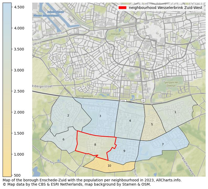 Map of the borough Enschede-Zuid with the population per neighbourhood in 2023. This page shows a lot of information about residents (such as the distribution by age groups, family composition, gender, native or Dutch with an immigration background, ...), homes (numbers, types, price development, use, type of property, ...) and more (car ownership, energy consumption, ...) based on open data from the Dutch Central Bureau of Statistics and various other sources!