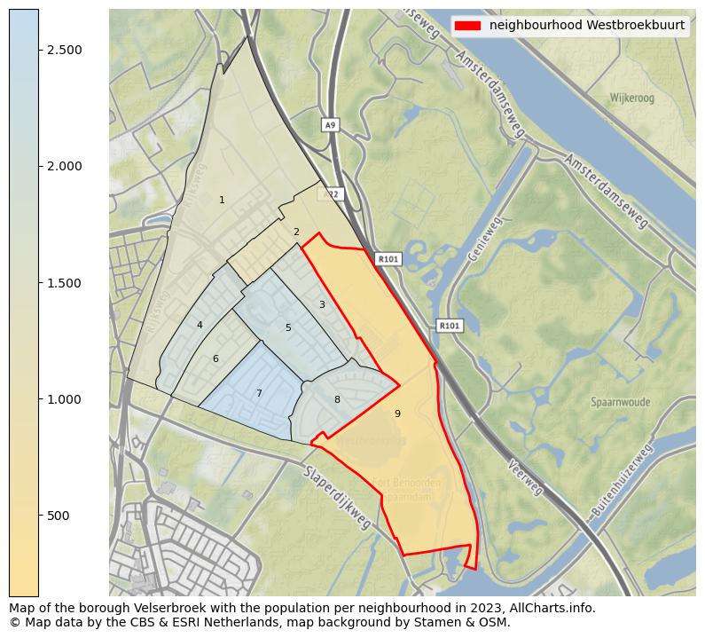Map of the borough Velserbroek with the population per neighbourhood in 2023. This page shows a lot of information about residents (such as the distribution by age groups, family composition, gender, native or Dutch with an immigration background, ...), homes (numbers, types, price development, use, type of property, ...) and more (car ownership, energy consumption, ...) based on open data from the Dutch Central Bureau of Statistics and various other sources!