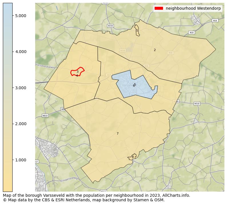 Map of the borough Varsseveld with the population per neighbourhood in 2023. This page shows a lot of information about residents (such as the distribution by age groups, family composition, gender, native or Dutch with an immigration background, ...), homes (numbers, types, price development, use, type of property, ...) and more (car ownership, energy consumption, ...) based on open data from the Dutch Central Bureau of Statistics and various other sources!