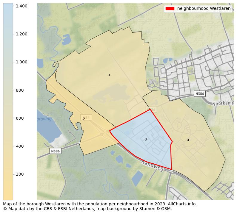 Map of the borough Westlaren with the population per neighbourhood in 2023. This page shows a lot of information about residents (such as the distribution by age groups, family composition, gender, native or Dutch with an immigration background, ...), homes (numbers, types, price development, use, type of property, ...) and more (car ownership, energy consumption, ...) based on open data from the Dutch Central Bureau of Statistics and various other sources!