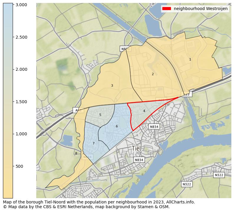 Map of the borough Tiel-Noord with the population per neighbourhood in 2023. This page shows a lot of information about residents (such as the distribution by age groups, family composition, gender, native or Dutch with an immigration background, ...), homes (numbers, types, price development, use, type of property, ...) and more (car ownership, energy consumption, ...) based on open data from the Dutch Central Bureau of Statistics and various other sources!