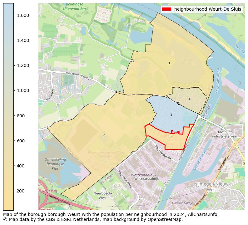 Image of the neighbourhood Weurt-De Sluis at the map. This image is used as introduction to this page. This page shows a lot of information about the population in the neighbourhood Weurt-De Sluis (such as the distribution by age groups of the residents, the composition of households, whether inhabitants are natives or Dutch with an immigration background, data about the houses (numbers, types, price development, use, type of property, ...) and more (car ownership, energy consumption, ...) based on open data from the Dutch Central Bureau of Statistics and various other sources!