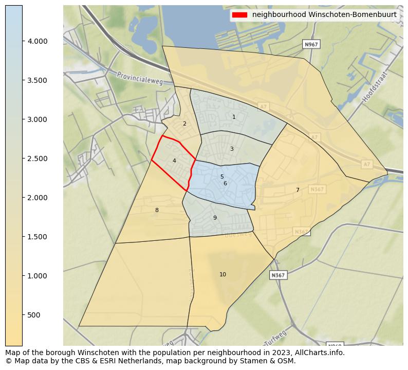 Map of the borough Winschoten with the population per neighbourhood in 2023. This page shows a lot of information about residents (such as the distribution by age groups, family composition, gender, native or Dutch with an immigration background, ...), homes (numbers, types, price development, use, type of property, ...) and more (car ownership, energy consumption, ...) based on open data from the Dutch Central Bureau of Statistics and various other sources!