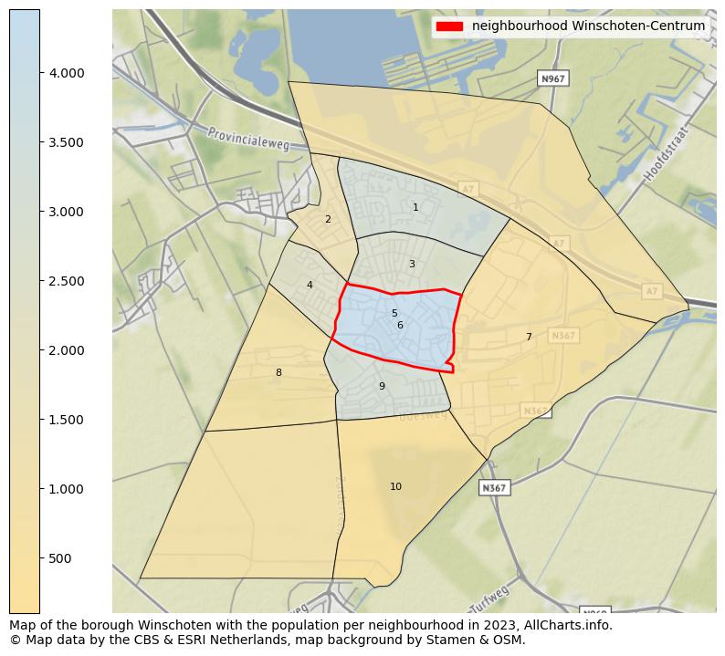 Map of the borough Winschoten with the population per neighbourhood in 2023. This page shows a lot of information about residents (such as the distribution by age groups, family composition, gender, native or Dutch with an immigration background, ...), homes (numbers, types, price development, use, type of property, ...) and more (car ownership, energy consumption, ...) based on open data from the Dutch Central Bureau of Statistics and various other sources!