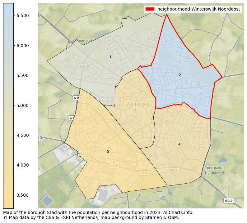 Map of the borough Stad with the population per neighbourhood in 2023. This page shows a lot of information about residents (such as the distribution by age groups, family composition, gender, native or Dutch with an immigration background, ...), homes (numbers, types, price development, use, type of property, ...) and more (car ownership, energy consumption, ...) based on open data from the Dutch Central Bureau of Statistics and various other sources!