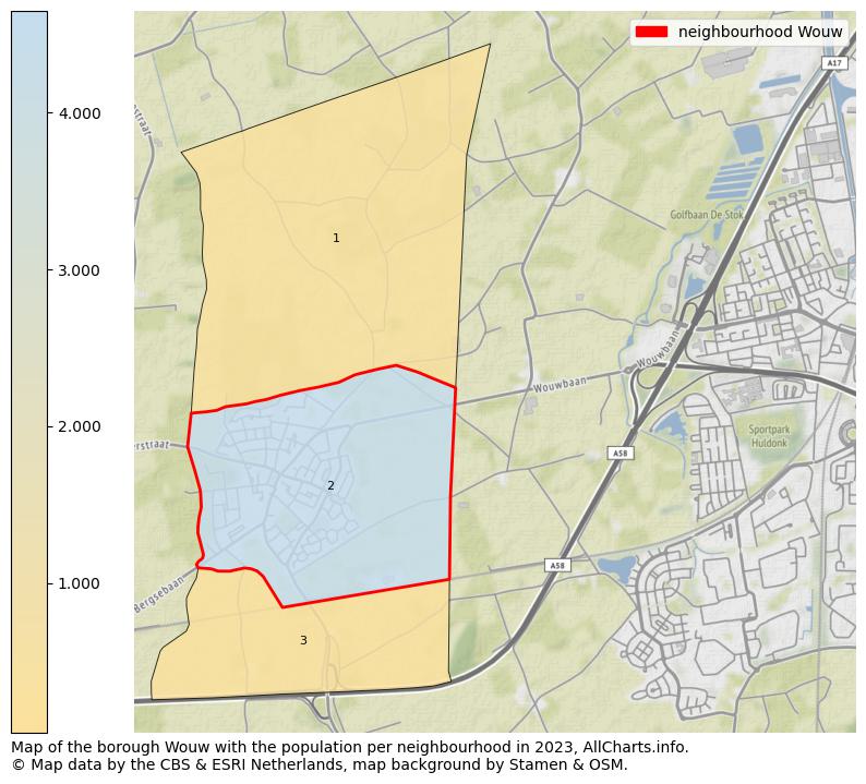 Map of the borough Wouw with the population per neighbourhood in 2023. This page shows a lot of information about residents (such as the distribution by age groups, family composition, gender, native or Dutch with an immigration background, ...), homes (numbers, types, price development, use, type of property, ...) and more (car ownership, energy consumption, ...) based on open data from the Dutch Central Bureau of Statistics and various other sources!