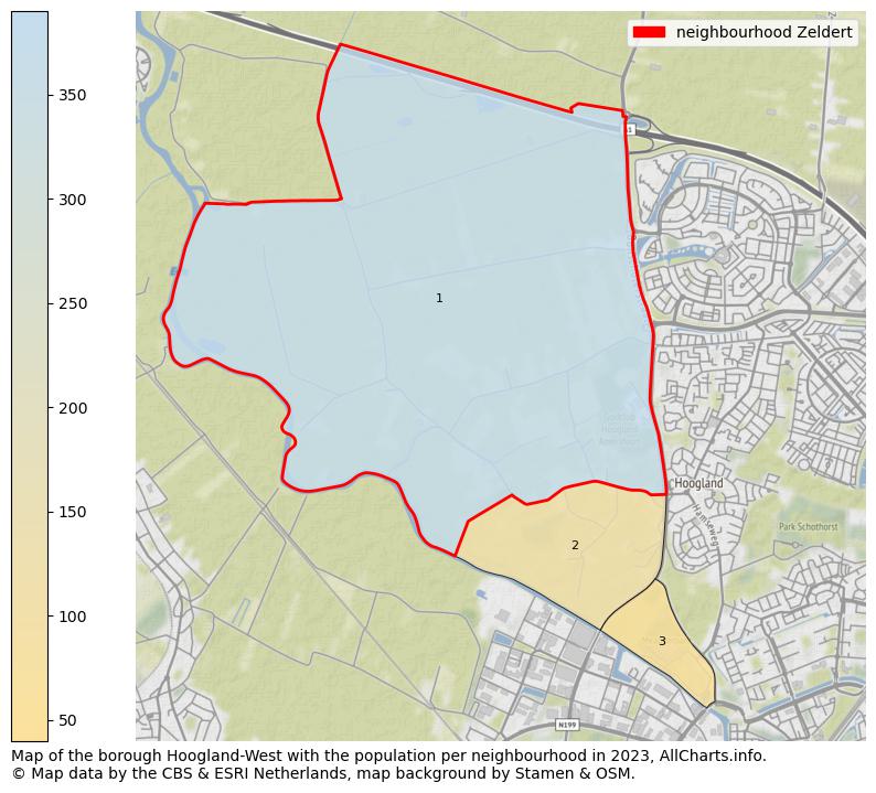 Map of the borough Hoogland-West with the population per neighbourhood in 2023. This page shows a lot of information about residents (such as the distribution by age groups, family composition, gender, native or Dutch with an immigration background, ...), homes (numbers, types, price development, use, type of property, ...) and more (car ownership, energy consumption, ...) based on open data from the Dutch Central Bureau of Statistics and various other sources!