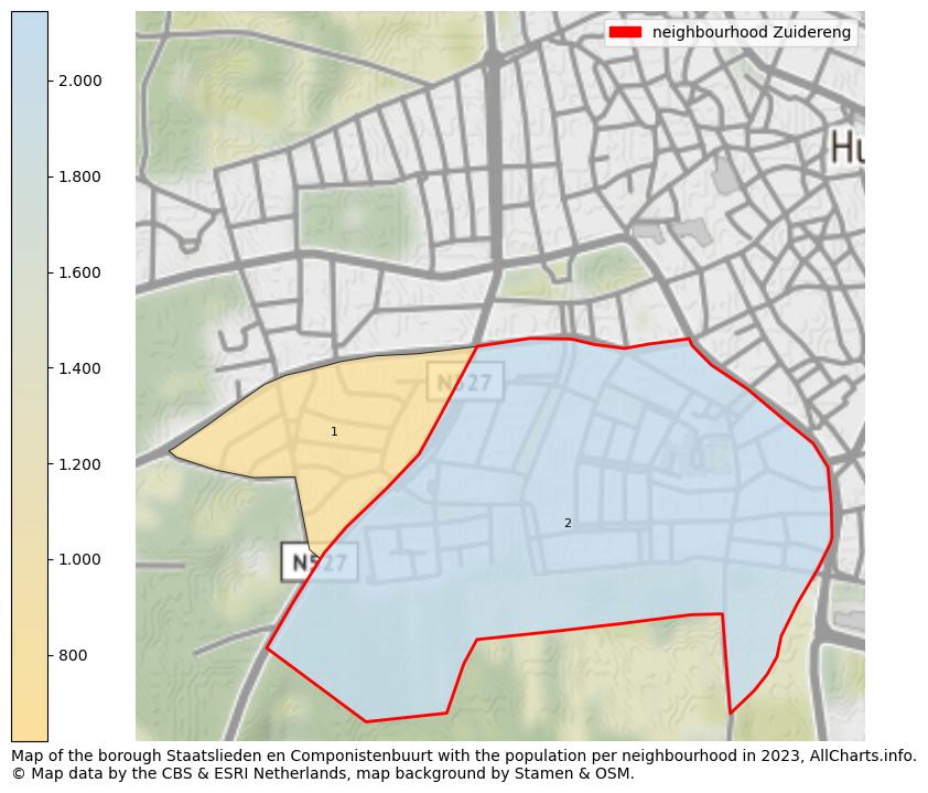 Map of the borough Staatslieden en Componistenbuurt with the population per neighbourhood in 2022. This page shows a lot of information about residents (such as the distribution by age groups, family composition, gender, native or Dutch with an immigration background, ...), homes (numbers, types, price development, use, type of property, ...) and more (car ownership, energy consumption, ...) based on open data from the Dutch Central Bureau of Statistics and various other sources!