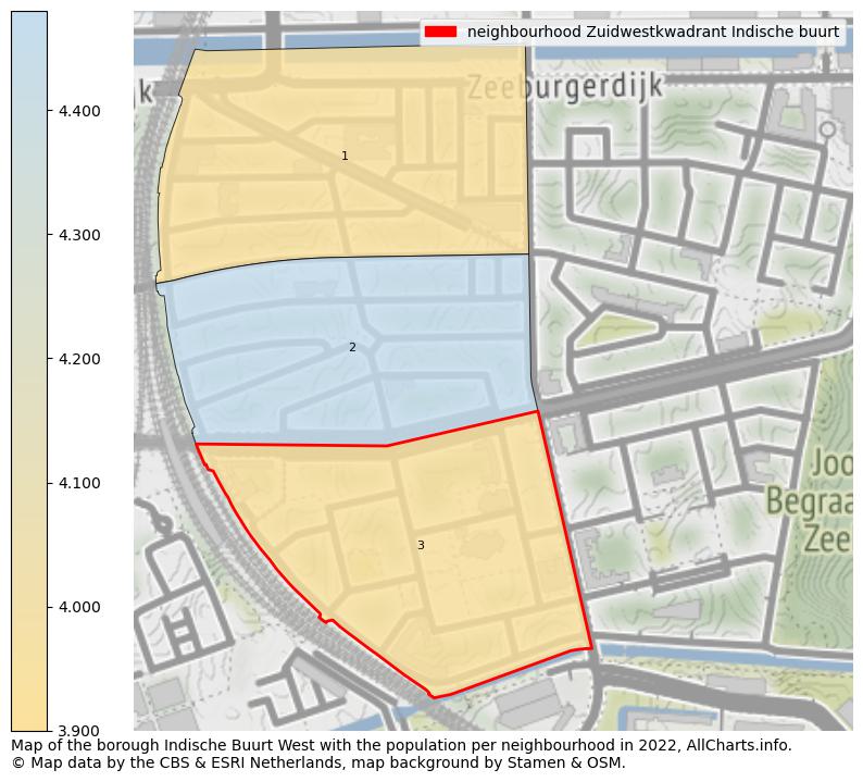 Map of the borough Indische Buurt West with the population per neighbourhood in 2022. This page shows a lot of information about residents (such as the distribution by age groups, family composition, gender, native or Dutch with an immigration background, ...), homes (numbers, types, price development, use, type of property, ...) and more (car ownership, energy consumption, ...) based on open data from the Dutch Central Bureau of Statistics and various other sources!