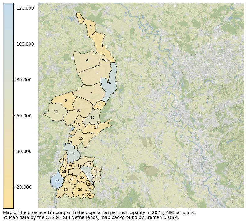 Map of the province Limburg with the population per municipality in 2022. This page shows a lot of information about residents (such as the distribution by age groups, family composition, gender, native or Dutch with an immigration background, ...), homes (numbers, types, price development, use, type of property, ...) and more (car ownership, energy consumption, ...) based on open data from the Dutch Central Bureau of Statistics and various other sources!