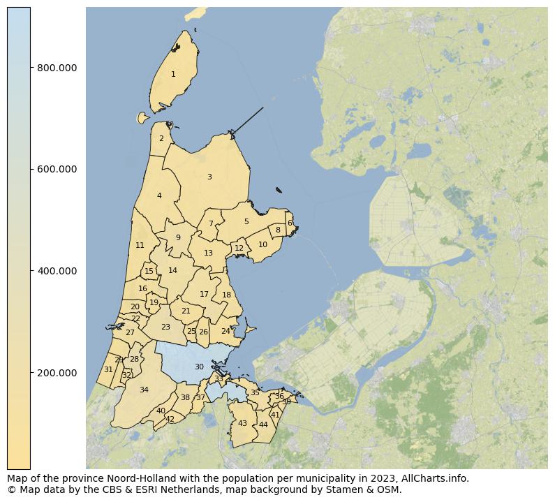 Map of the province Noord-Holland with the population per municipality in 2022. This page shows a lot of information about residents (such as the distribution by age groups, family composition, gender, native or Dutch with an immigration background, ...), homes (numbers, types, price development, use, type of property, ...) and more (car ownership, energy consumption, ...) based on open data from the Dutch Central Bureau of Statistics and various other sources!