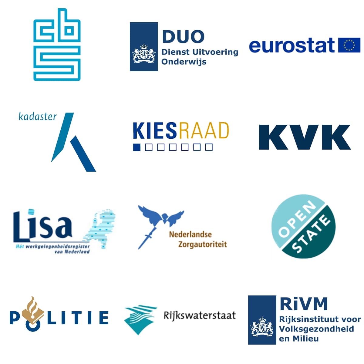 Logos of a number of well-known Dutch open data providers.